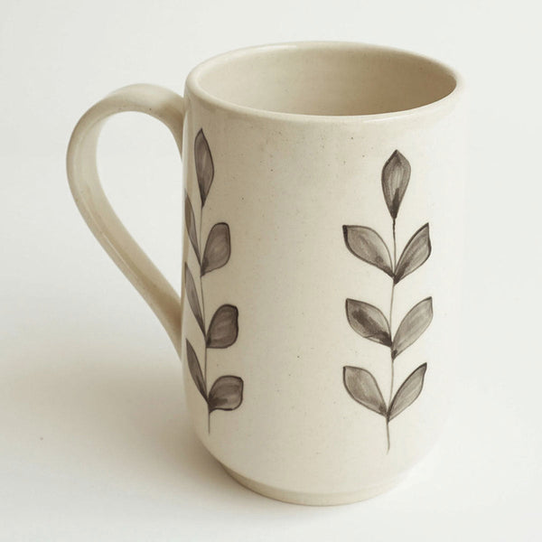 Ceramic Coffee Mugs | Eucalyptus Design | Ivory White | 350 ml | Set of 2
