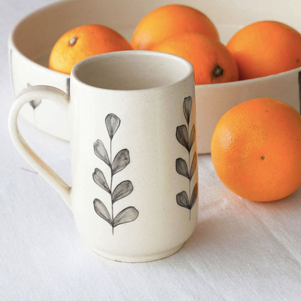 Ceramic Coffee Mugs | Eucalyptus Design | Ivory White | 350 ml | Set of 2
