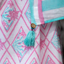 Mul Cotton Printed Saree & Blouse Piece | Hand Block Print | Pink & Blue