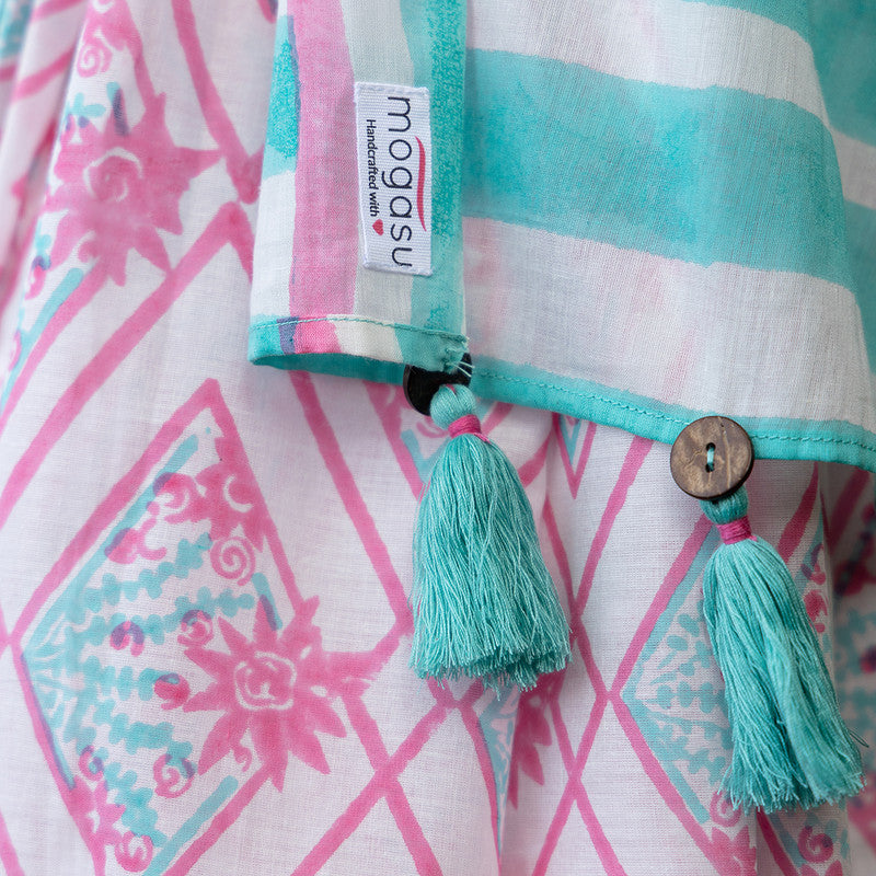 Mul Cotton Printed Saree & Blouse Piece | Hand Block Print | Pink & Blue