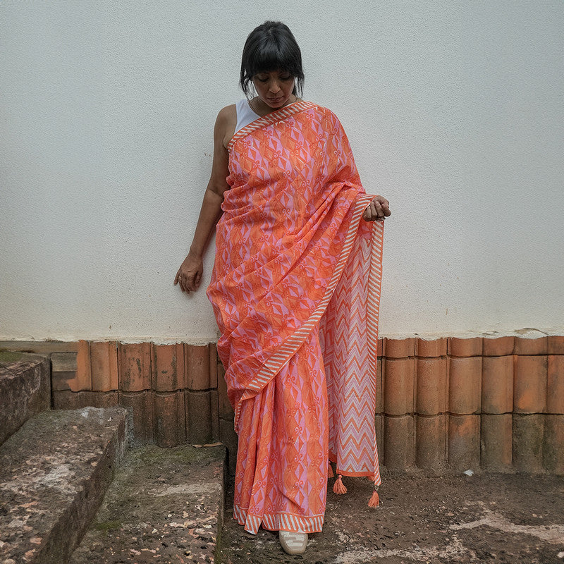 Mul Cotton Saree & Blouse Piece | Hand Block Print | Orange