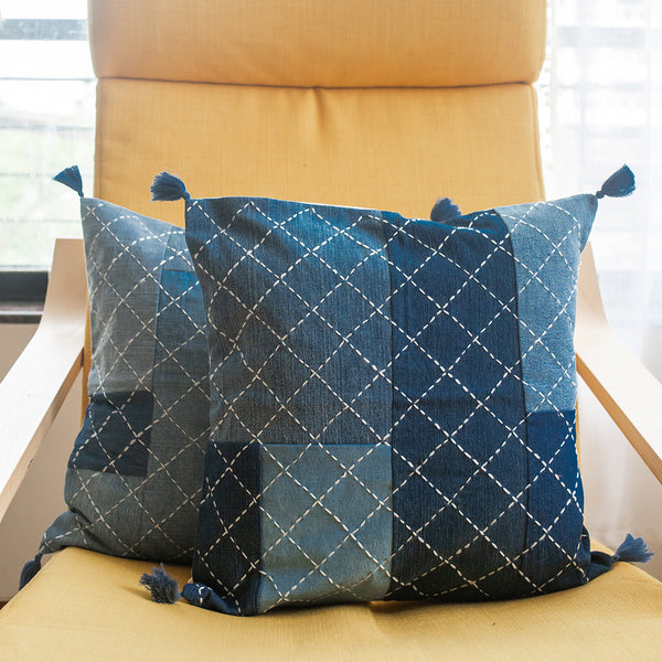 Upcycled Denim Cushion Covers | Criss-Crossed Design | Blue