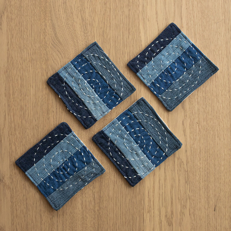 Upcycled Denim Table Coasters | Spiral Design | Blue