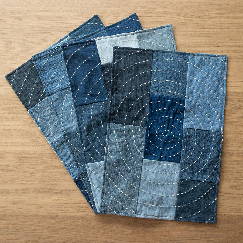 Upcycled Denim Table Mats | Spiral Design | Blue