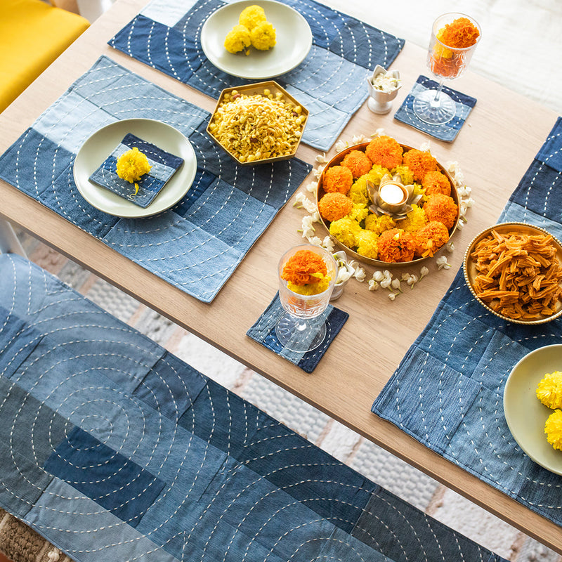 Upcycled Denim Table Mats | Spiral Design | Blue