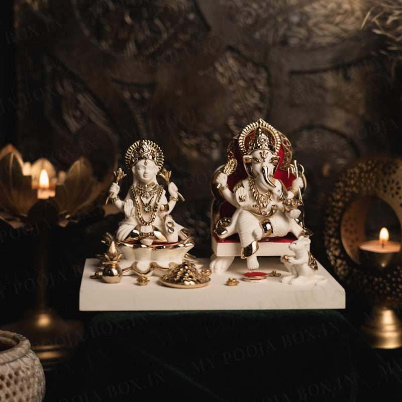 Laxmi Ganesha Mata Idol | Off-White | Gold Plated