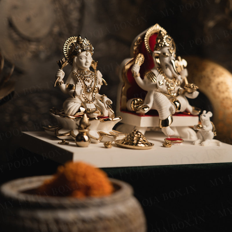 Laxmi Ganesha Mata Idol | Off-White | Gold Plated