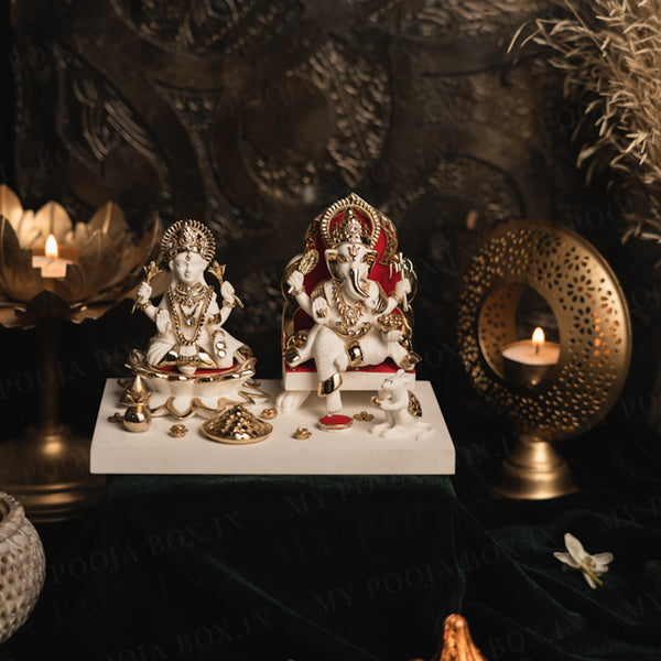 Laxmi Ganesha Mata Idol | Off-White | Gold Plated