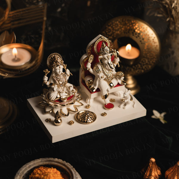 Laxmi Ganesha Mata Idol | Off-White | Gold Plated