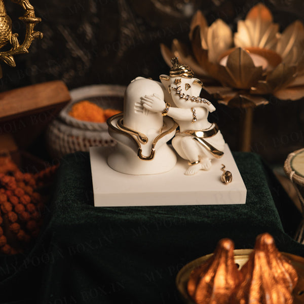 Marble Idol | Lord Ganesha with Shivling | Off-White | Gold Plated