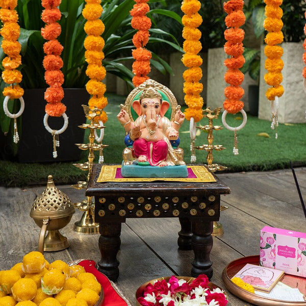 Ganesha Idol for Pooja Room | Eco Friendly Ganpati Idol | Clay | Lalbaugcha Ganpati | 6 inches