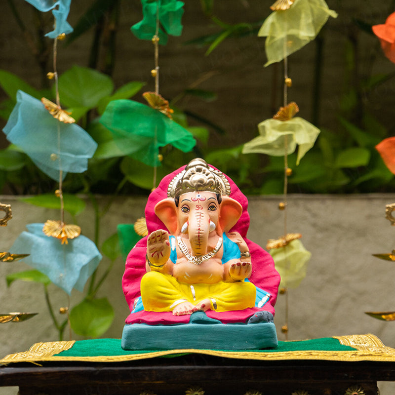 Clay Ganesh Idol | Eco Friendly Ganpati Idol | Jaswand Flower Ganpati | 6 inches