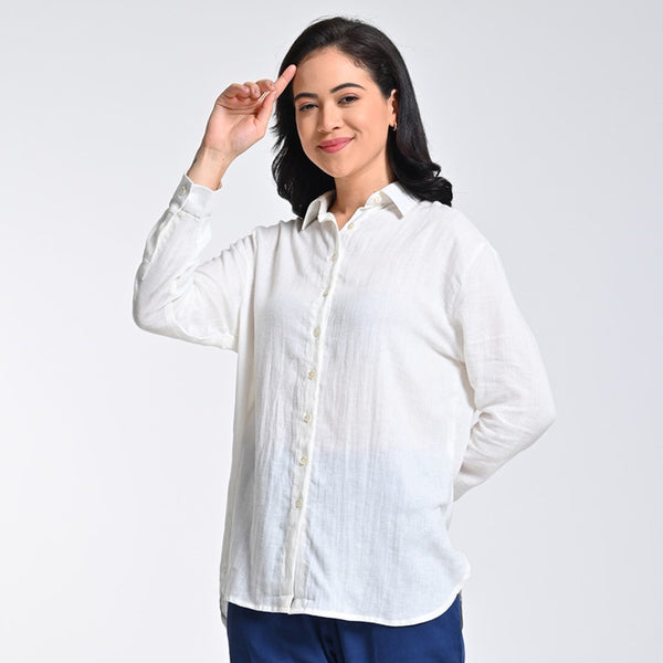 Linen Solid Shirt For Women | Full Sleeves | Drop Shoulder | Off White