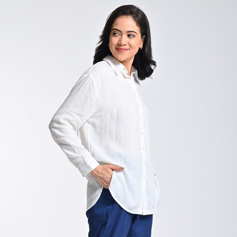 Linen Solid Shirt For Women | Full Sleeves | Drop Shoulder | Off White