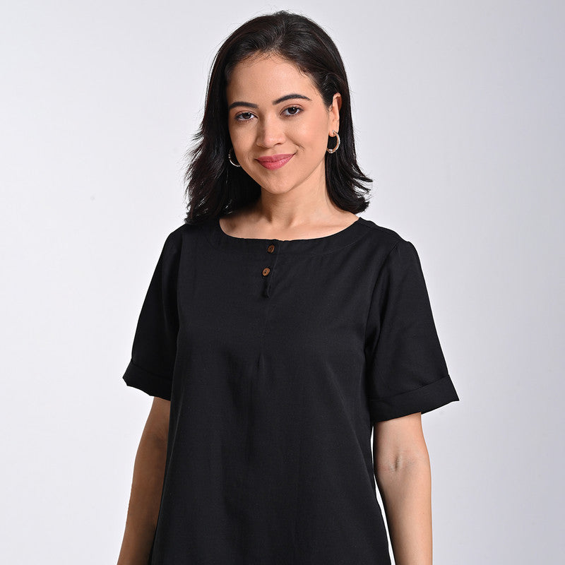 Linen Solid Co Ord Set For Women | Tunic & Pant | Boat Neck | Black