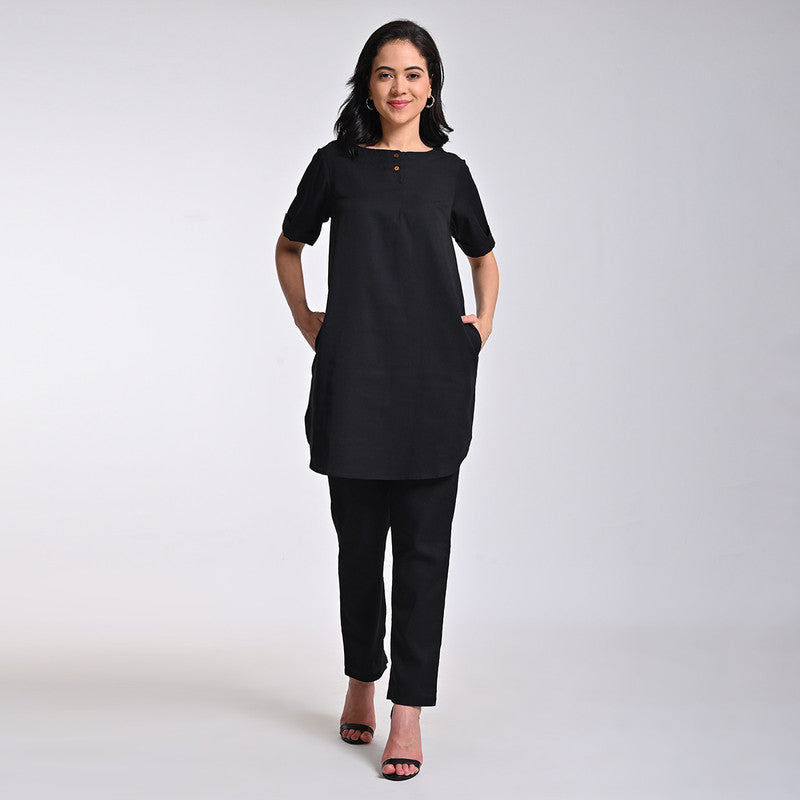 Linen Solid Co Ord Set For Women | Tunic & Pant | Boat Neck | Black