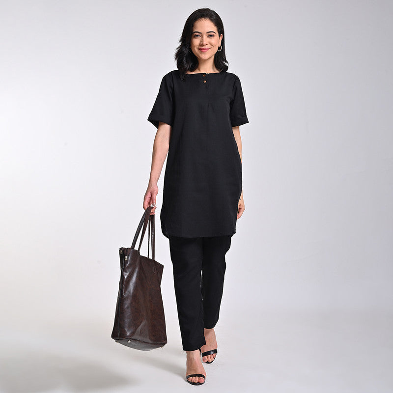 Linen Solid Co Ord Set For Women | Tunic & Pant | Boat Neck | Black