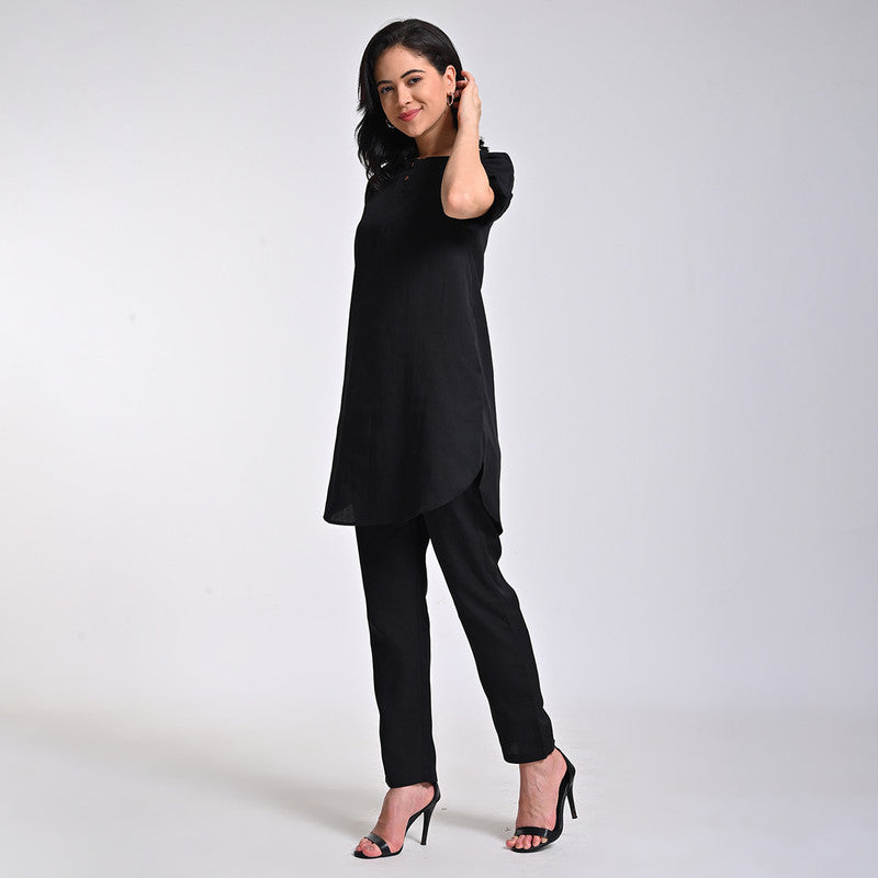 Linen Solid Co Ord Set For Women | Tunic & Pant | Boat Neck | Black