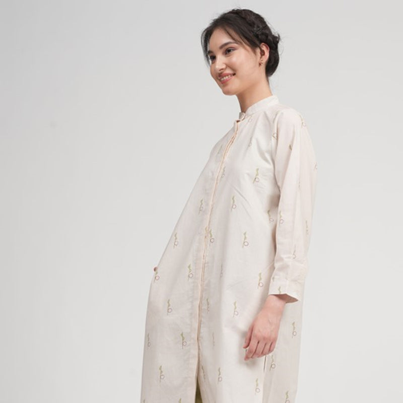Organic Cotton Long Shirt for Women | Cream | Block Print