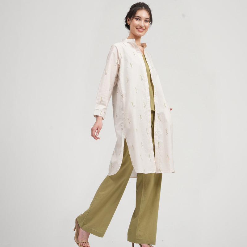 Cotton Linen Co Ord Set for Women | Cream & Sage Green | Set of 3