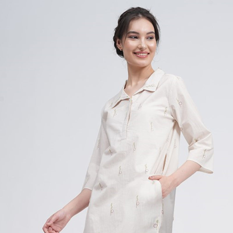 Organic Cotton Long Shirt for Women | Cream | Block Printed