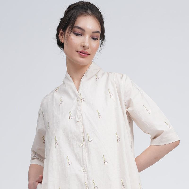 Cotton Linen Long Shirt & Pants for Women | Cream | Block Printed