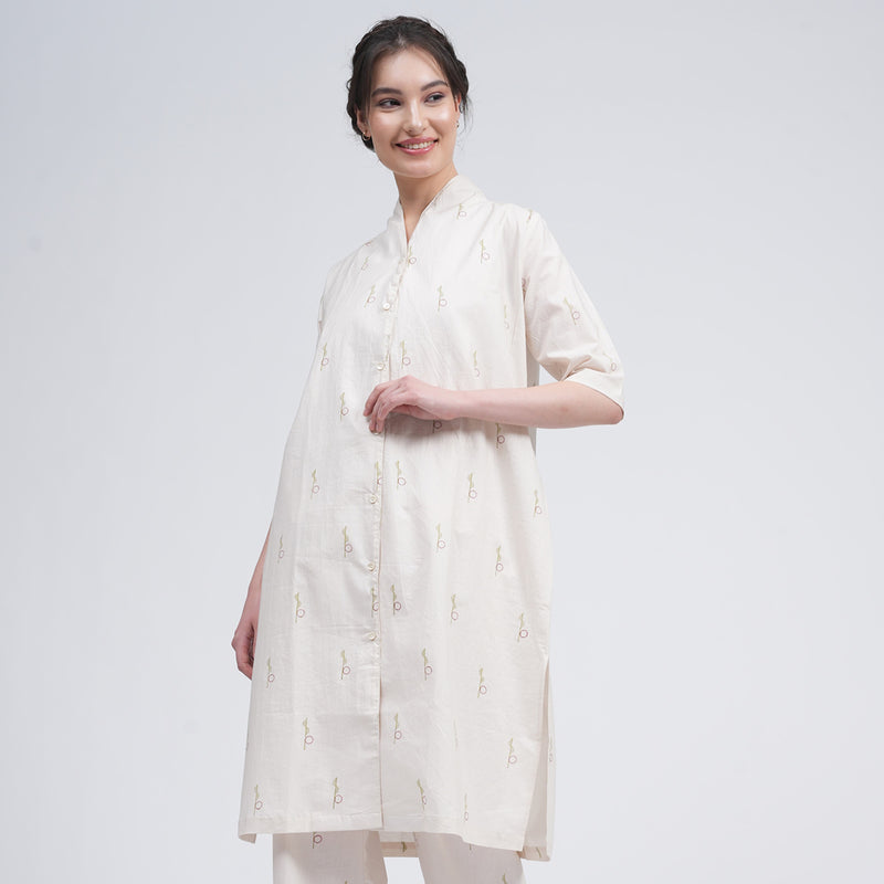 Organic Cotton Long Shirt for Women | Cream | Block Print | Drape Neck