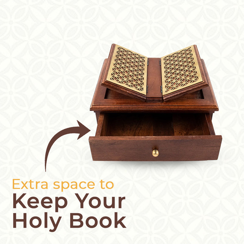 Wooden Holy Book Stand | with Drawer | Brown | 32 cm