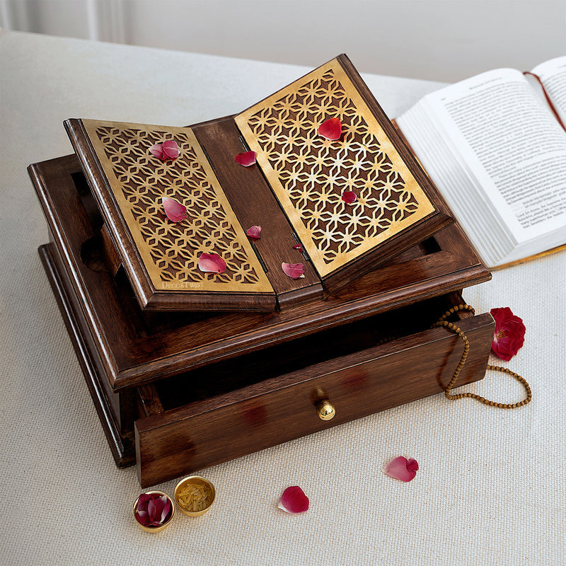 Wooden Holy Book Stand | with Drawer | Brown | 32 cm