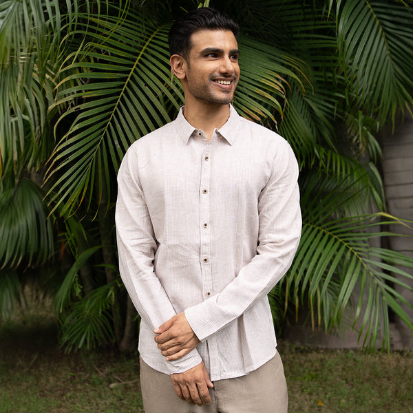 Cotton Shirt for Men | Striped | Full Sleeves | Beige