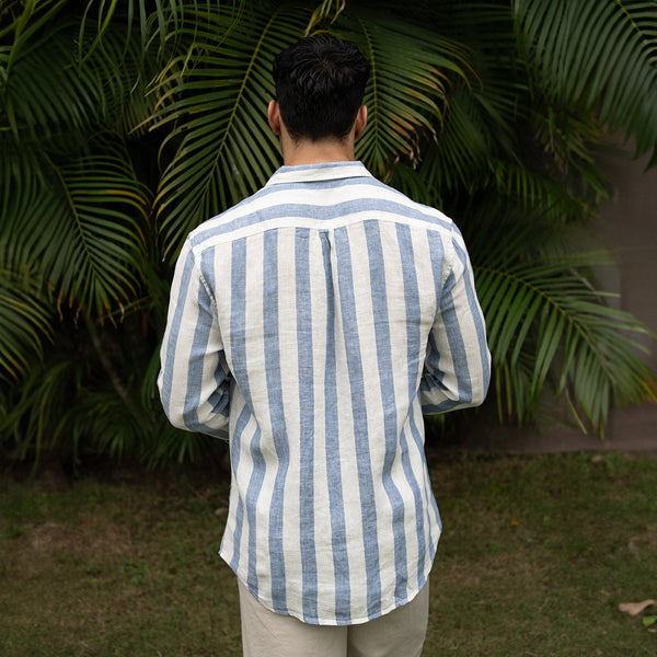Linen Shirt for Men | Striped | Full Sleeves | Blue & White