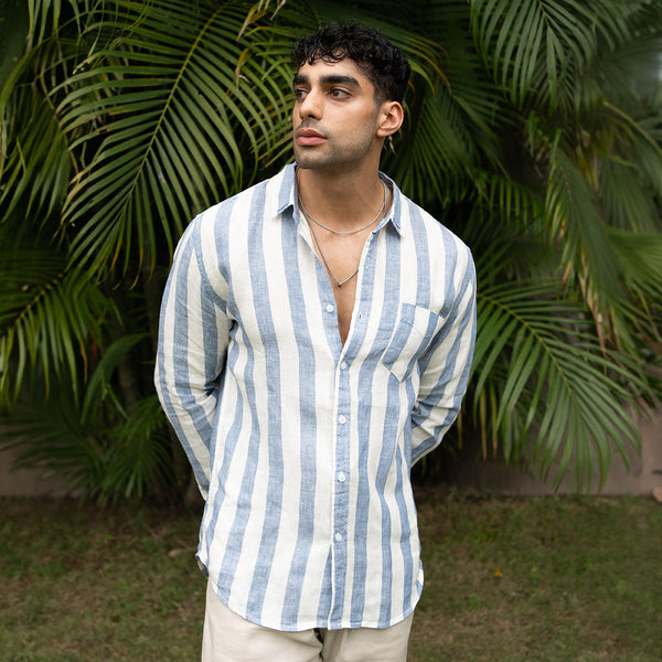 Linen Shirt for Men | Striped | Full Sleeves | Blue & White