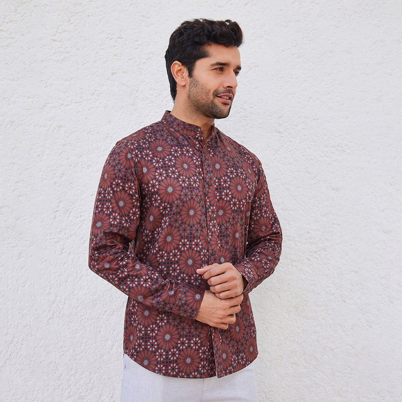 Kurta Style Shirt for Men | Organic Cotton Tencel | Half Sleeves | Maroon