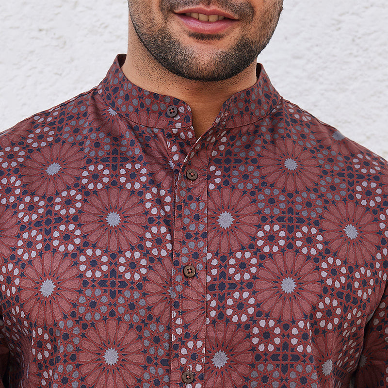 Kurta Style Shirt for Men | Organic Cotton Tencel | Half Sleeves | Maroon