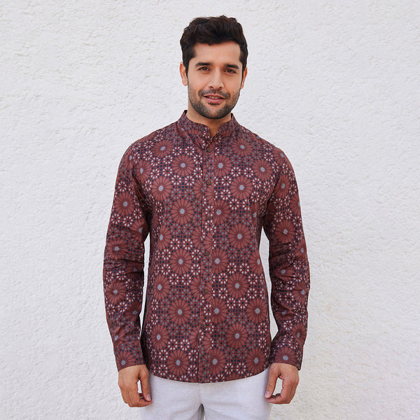 Kurta Style Shirt for Men | Organic Cotton Tencel | Half Sleeves | Maroon