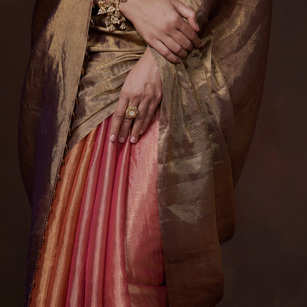 Chanderi Tissue Saree | Antique Gold & Pink