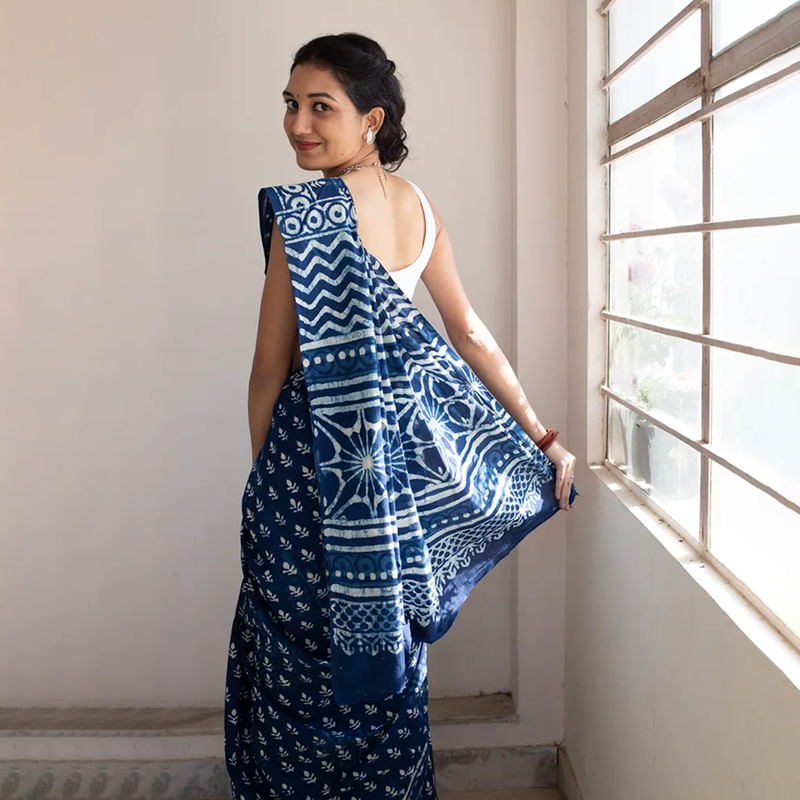 Mulmul Cotton Indigo Saree | Dabu Handblock Print