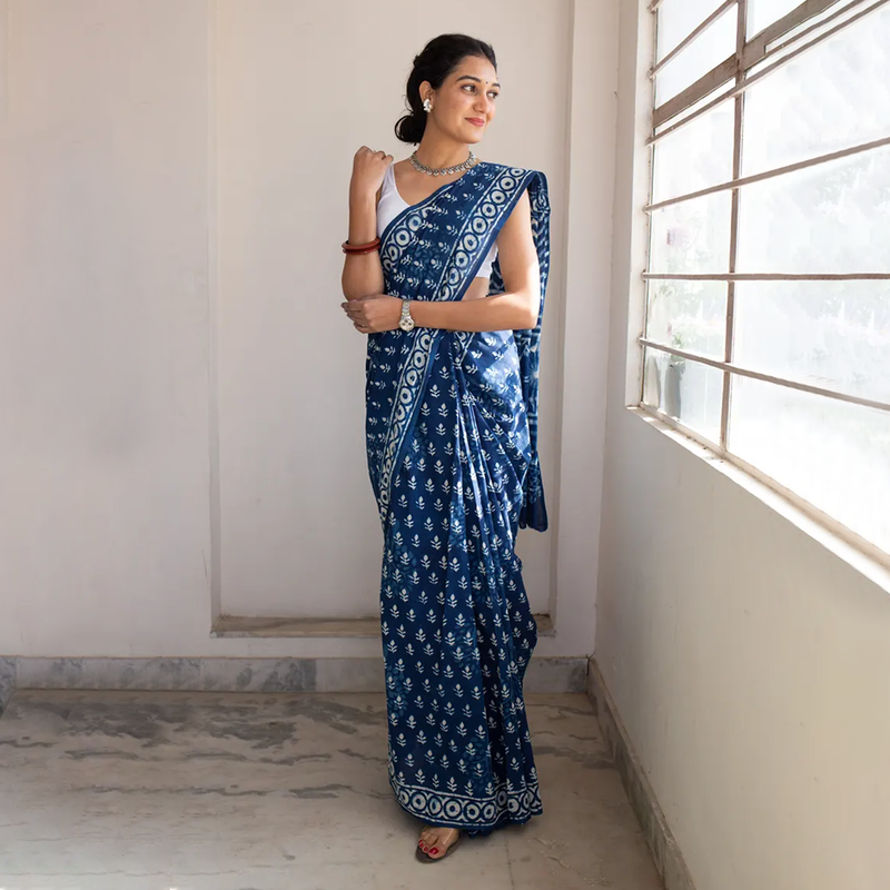 Mulmul Cotton Indigo Saree | Dabu Handblock Print