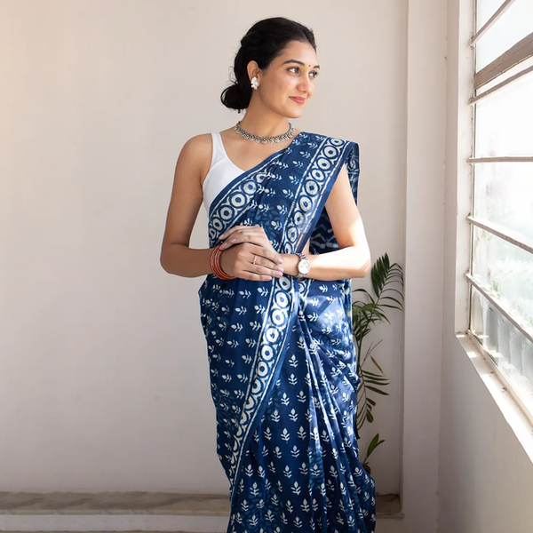 Mulmul Cotton Indigo Saree | Dabu Handblock Print