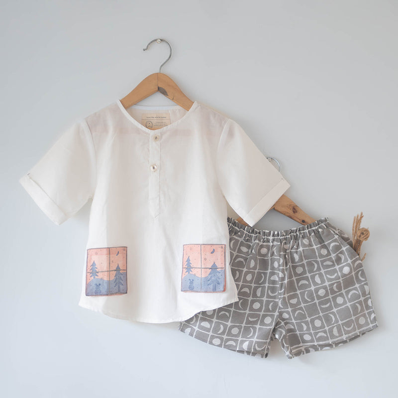 Cotton Short Kurta and Shorts Set for Kids | Printed | White & Grey