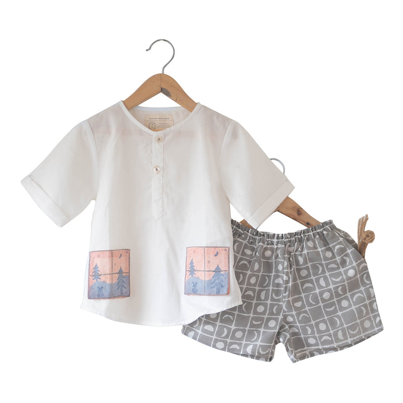 Cotton Short Kurta and Shorts Set for Kids | Printed | White & Grey