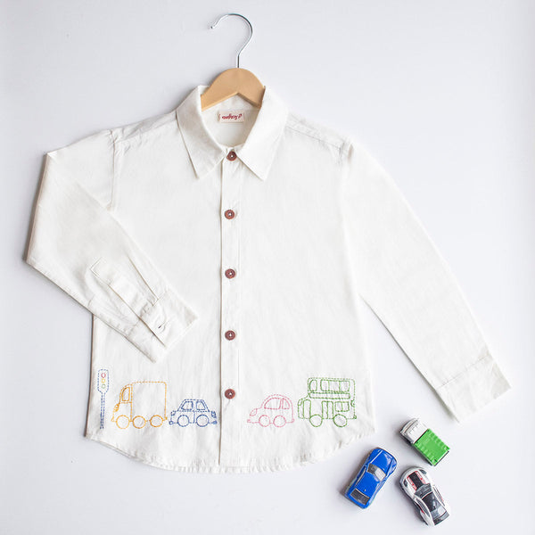 Organic Cotton Shirt for Kids | Car Design | White