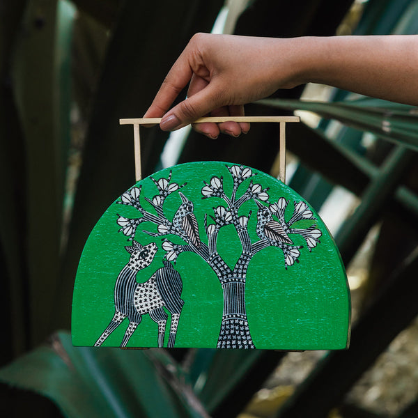 Wooden Clutch Bag | Handpainted | Semi-Circle | Green & Black