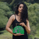 Wooden Clutch Bag | Handpainted | Semi-Circle | Green & Black