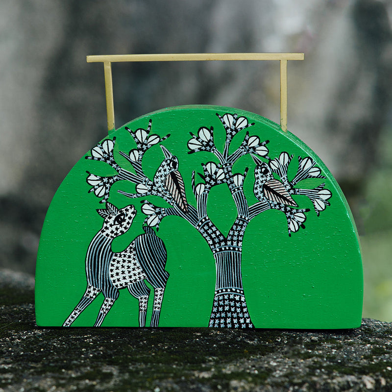 Wooden Clutch Bag | Handpainted | Semi-Circle | Green & Black