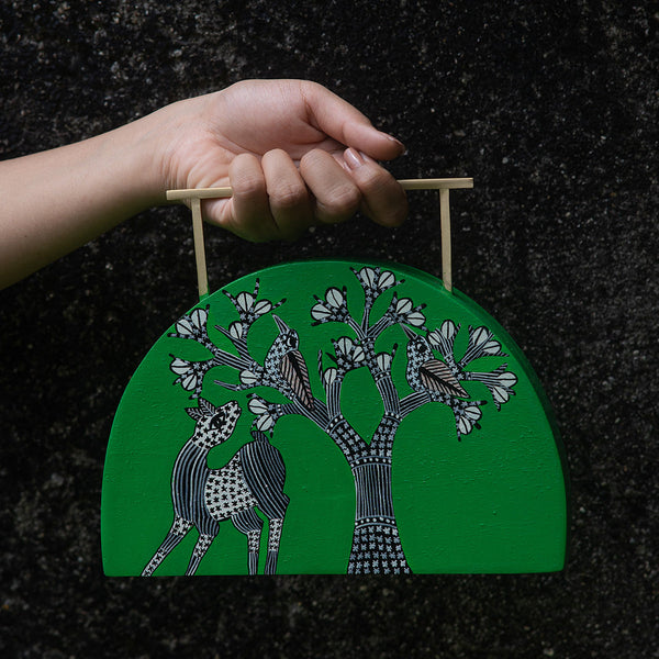 Wooden Clutch Bag | Handpainted | Semi-Circle | Green & Black