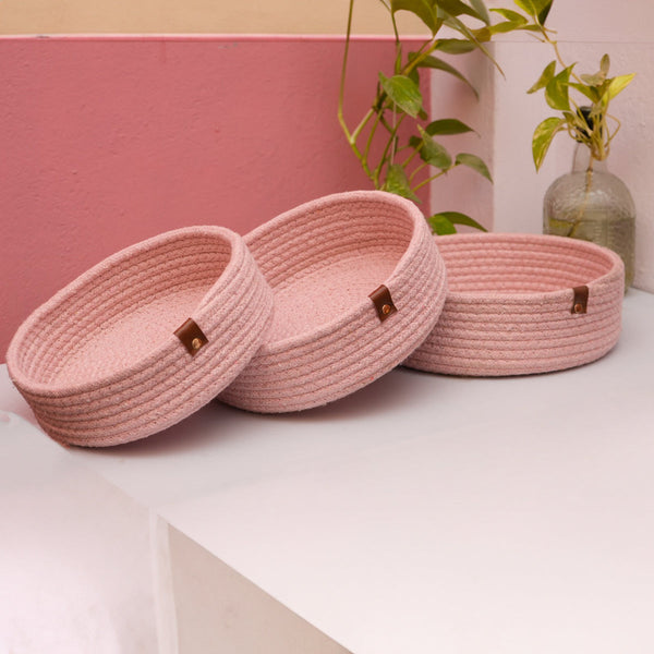 Cotton Rope Basket for Storage | Pink | 25 cm | Set of 3