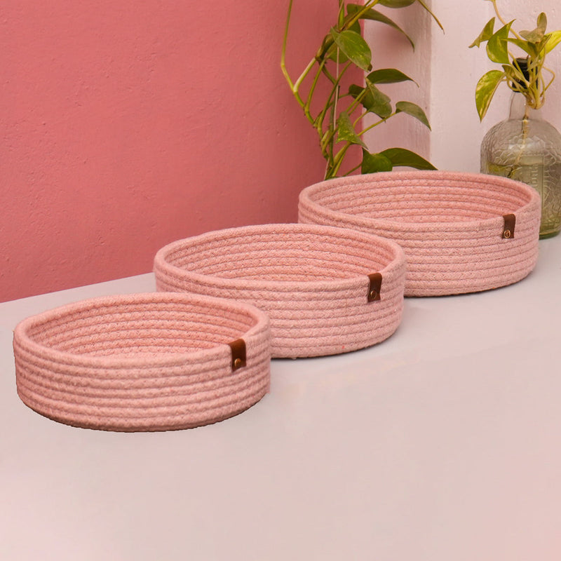 Cotton Rope Basket for Storage | Pink | 25 cm | Set of 3