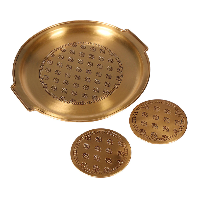 Brass Tray with Coasters | Antique Gold | Set of 3