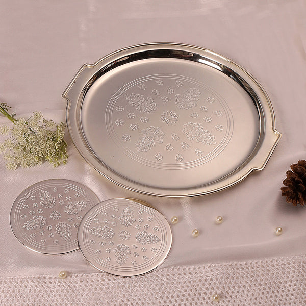 Brass Tray with Coasters | Silver Plated | Set of 3